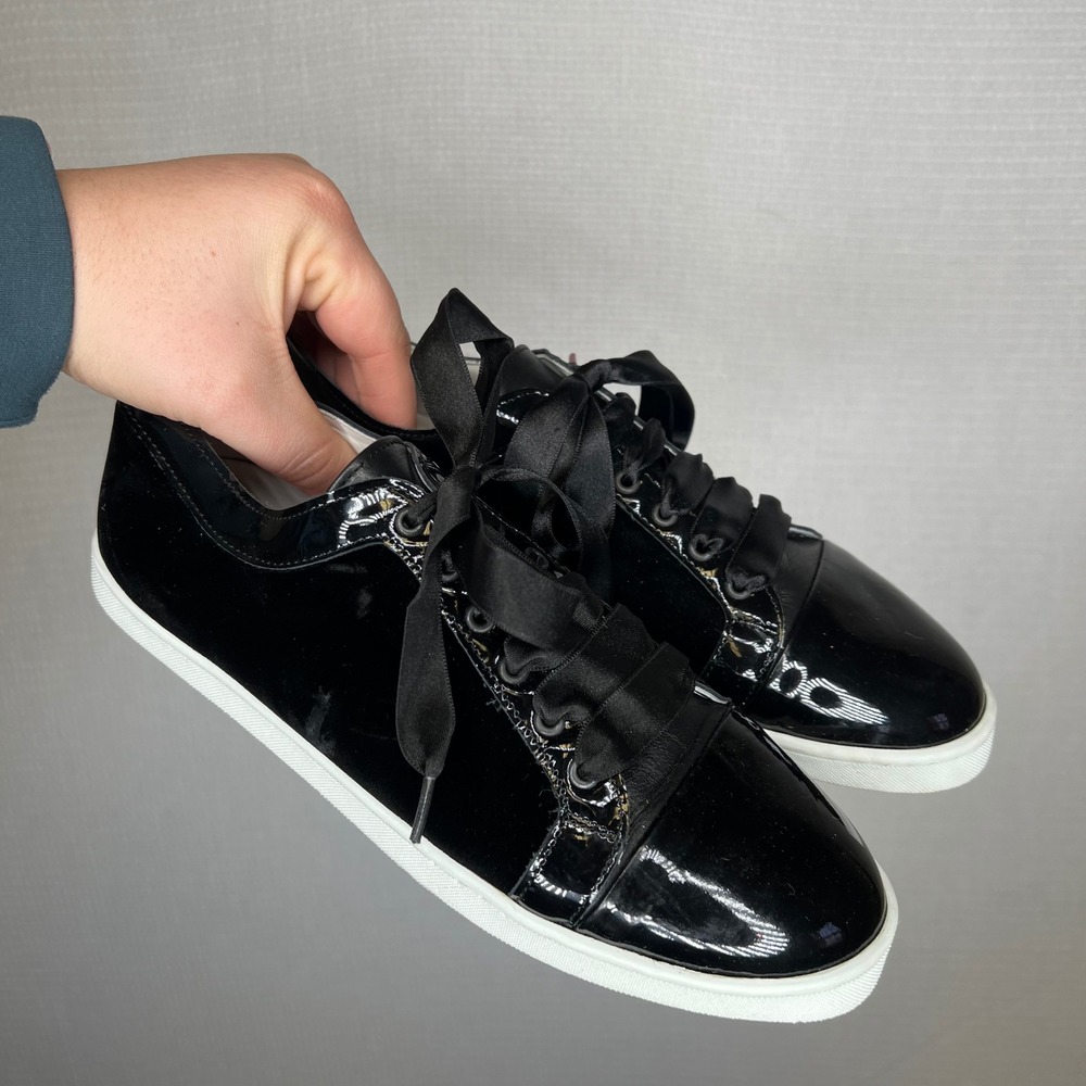Twins for Peace Womens Black Velvet Patent Leather Ribbon Lace Sneakers‎ Size 39